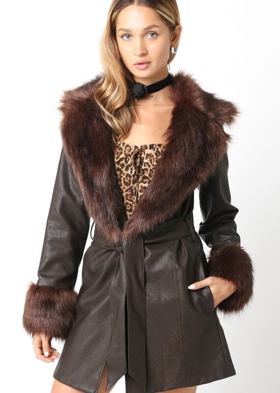 Faux Leather Fur Trim Jacket