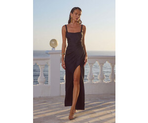 fitted lace wedding dress Embellished High Neck Split Maxi Dress in Black - 4 main image 1