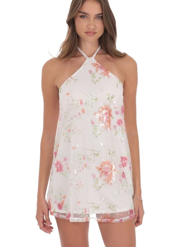 Lucy In The Sky Floral Sequin Halter Shift Mini Dress