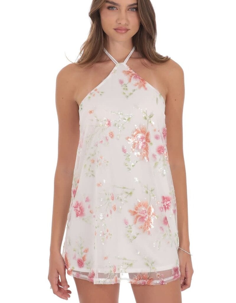 Lucy In The Sky Floral Sequin Halter Shift Mini Dress