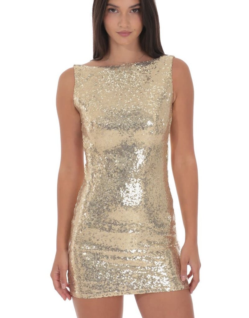Lucy In The Sky Sequin High Neck Open Back Mini Dress