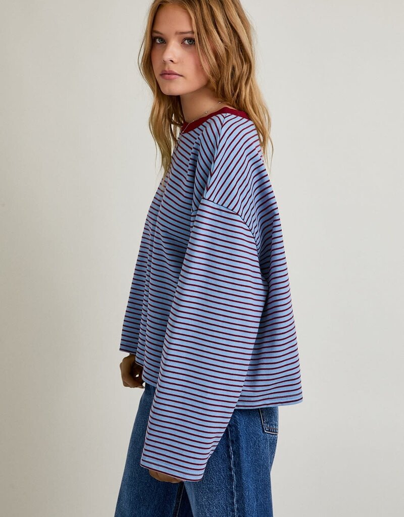 Long Sleeve Crew Neck Striped Boxy Top