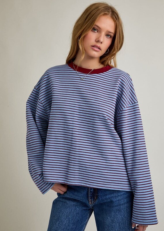 Long Sleeve Crew Neck Striped Boxy Top