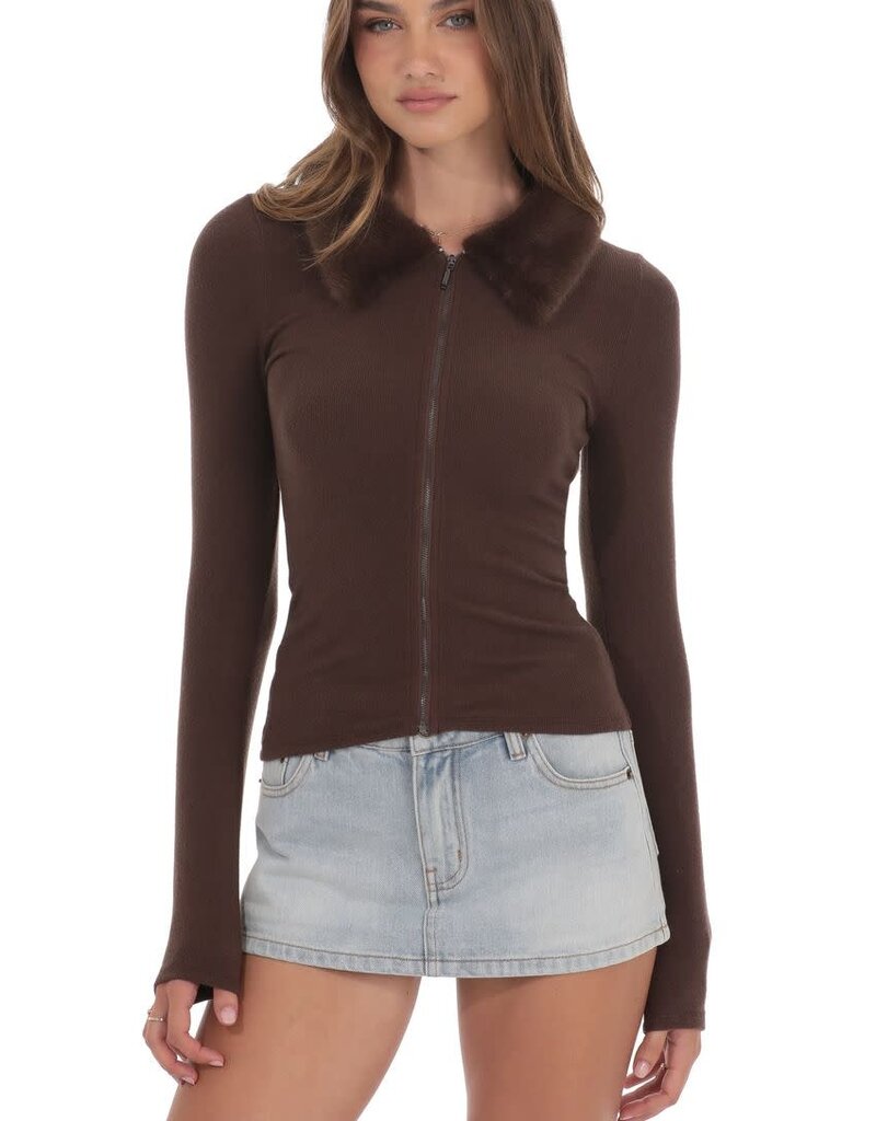 Lucy In The Sky Fur Collar Zip Up Cardigan Sweater
