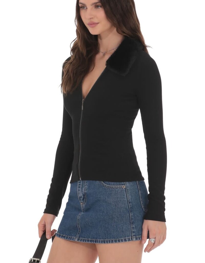 Lucy In The Sky Fur Collar Zip Up Cardigan Sweater