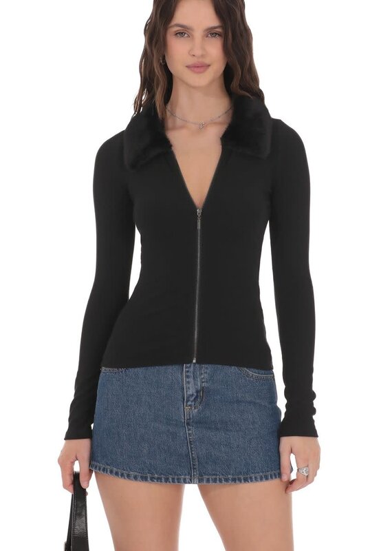 Lucy In The Sky Fur Collar Zip Up Cardigan Sweater