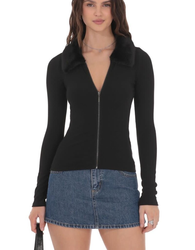 Lucy In The Sky Fur Collar Zip Up Cardigan Sweater