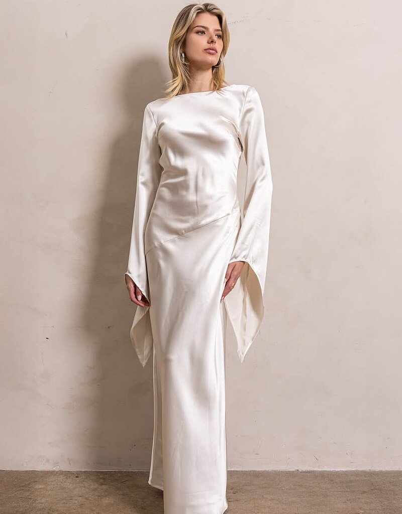 Satin Dramatic Long Sleeve Open Back Maxi Dress