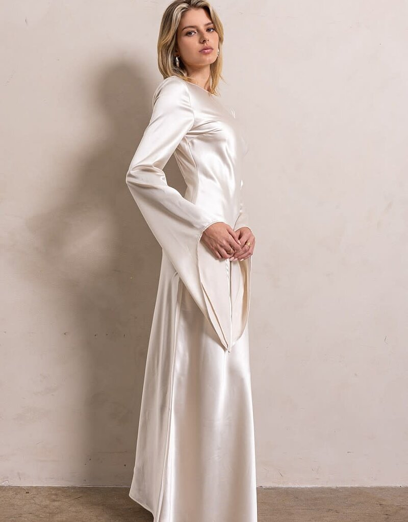 Satin Dramatic Long Sleeve Open Back Maxi Dress
