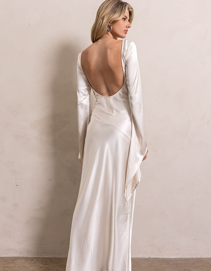 Satin Dramatic Long Sleeve Open Back Maxi Dress