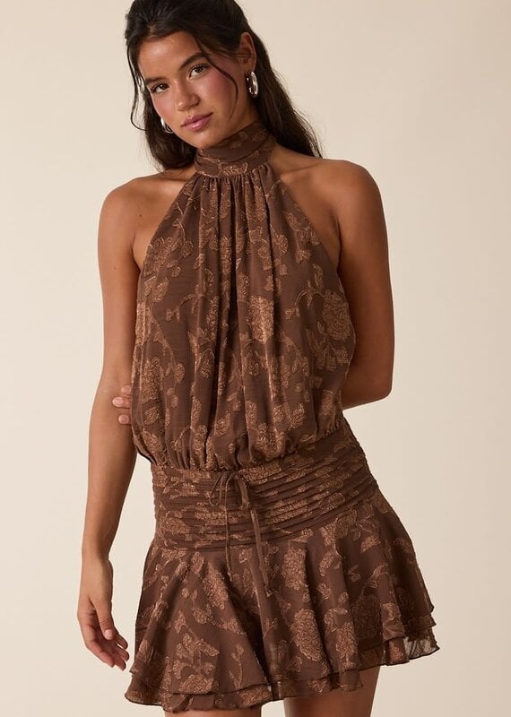 Floral Embossed Waist Tie Backless Mini Dress