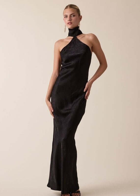 Satin Tonal Floral Mock Neck Backless Maxi Dress