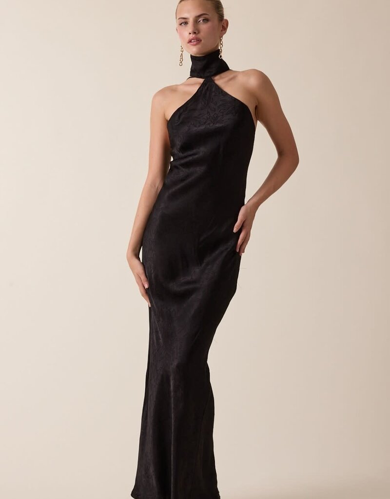Satin Tonal Floral Mock Neck Backless Maxi Dress