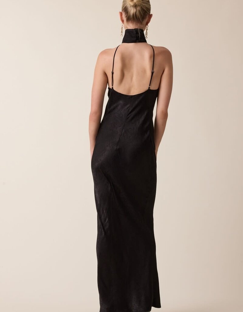 Satin Tonal Floral Mock Neck Backless Maxi Dress