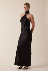 Satin Tonal Floral Mock Neck Backless Maxi Dress