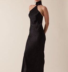 Satin Tonal Floral Mock Neck Backless Maxi Dress