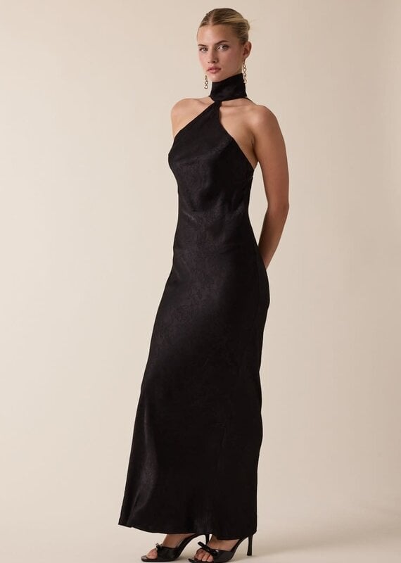 Satin Tonal Floral Mock Neck Backless Maxi Dress