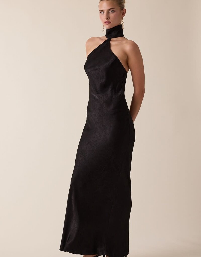 Satin Tonal Floral Mock Neck Backless Maxi Dress