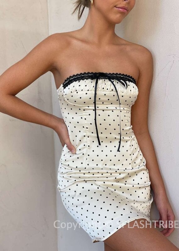 Layken Polka Dot Strapless Ribbon Detail Mini Dress
