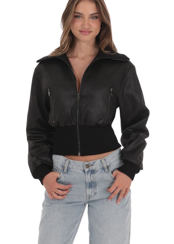 Lucy In The Sky Cinched Waist Faux Leather Bomber Jacket