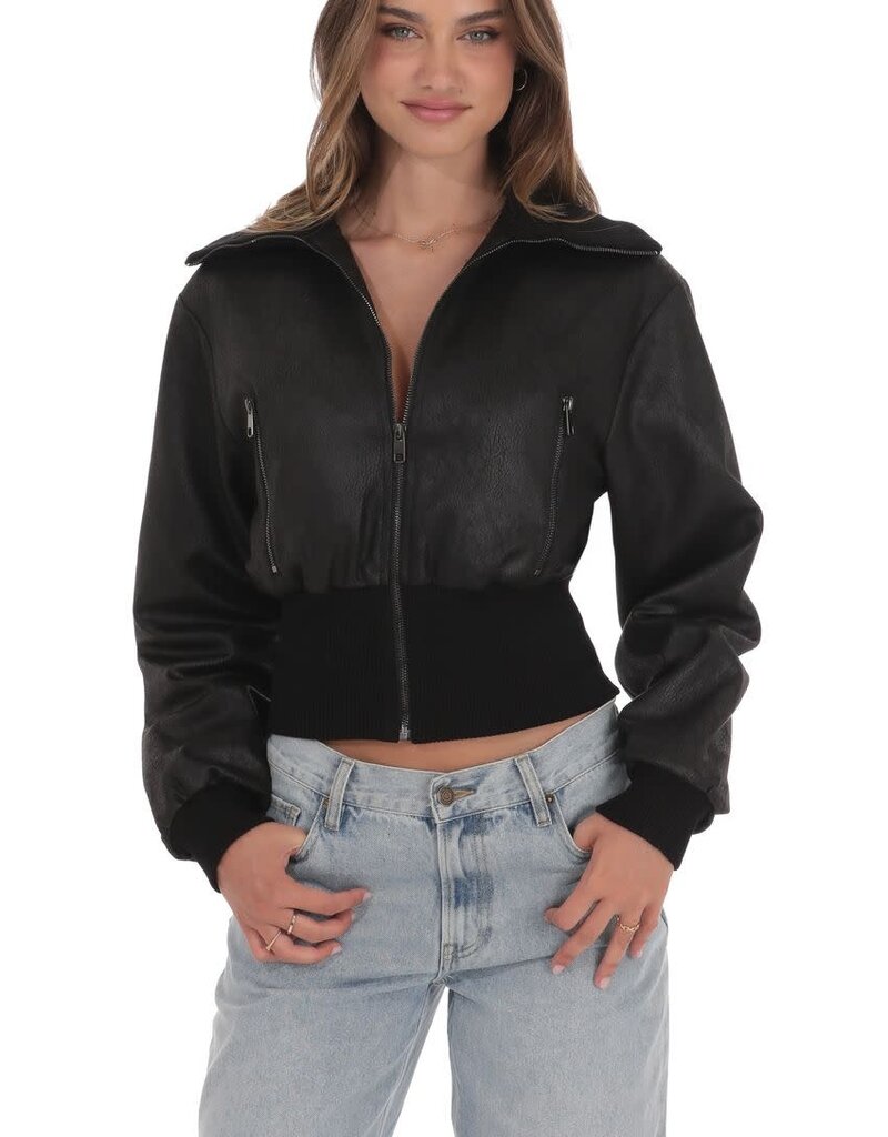 Lucy In The Sky Cinched Waist Faux Leather Bomber Jacket