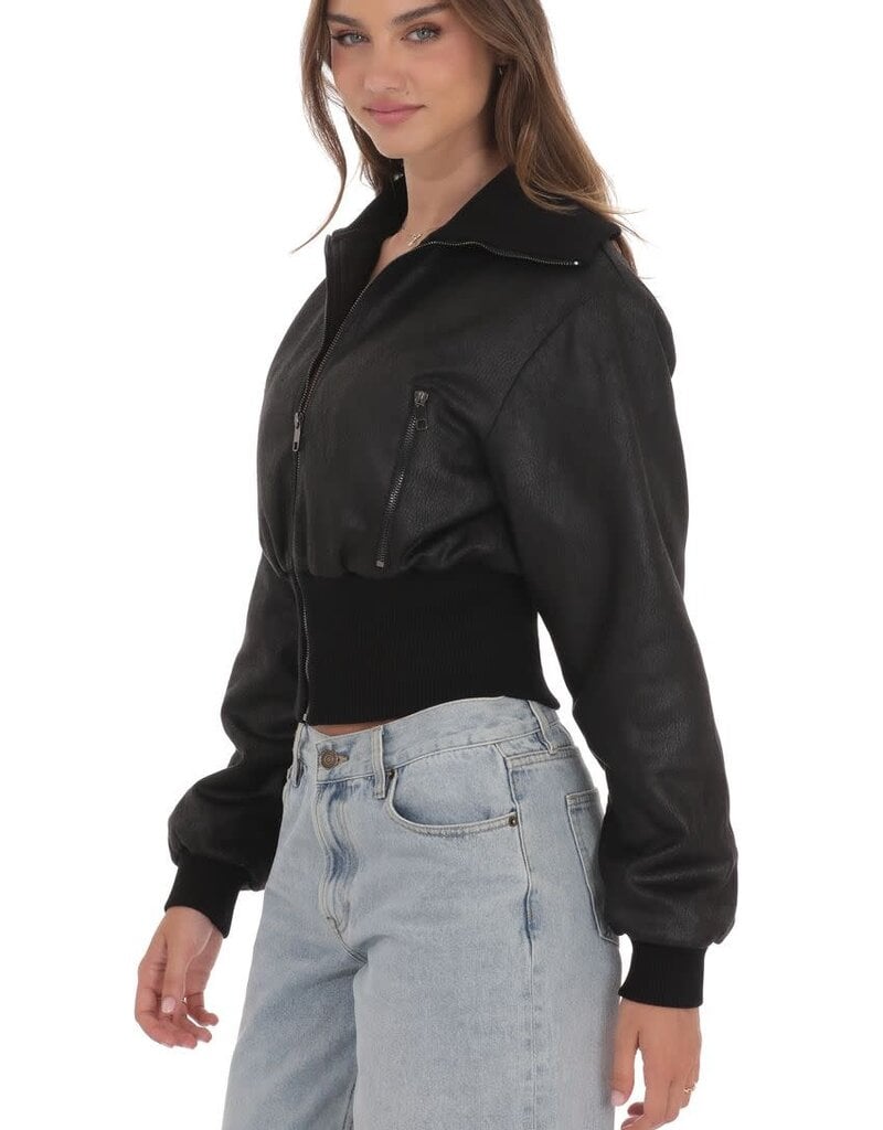 Lucy In The Sky Cinched Waist Faux Leather Bomber Jacket