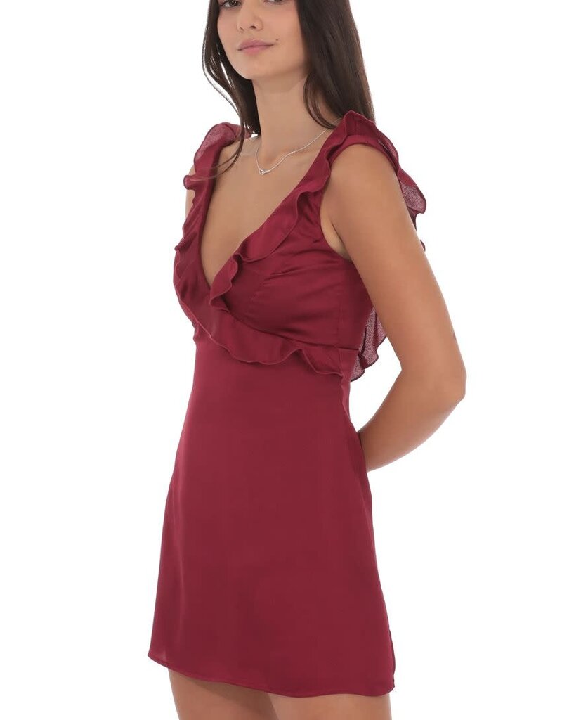 Lucy In The Sky Satin Ruffle V Neck Mini Dress