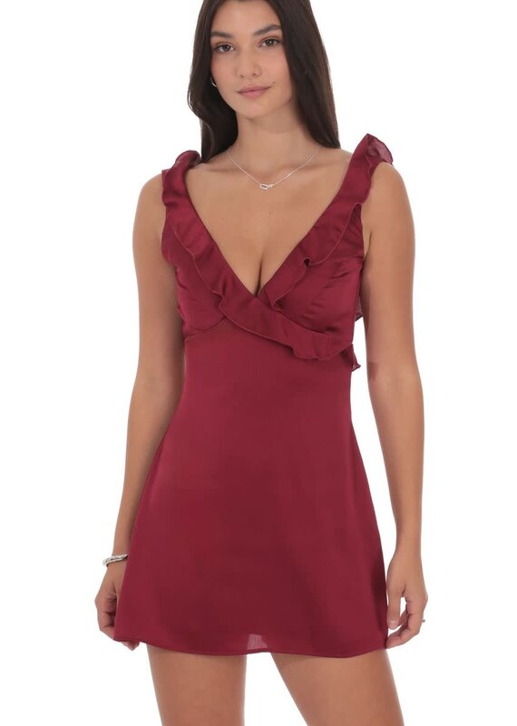 Lucy In The Sky Satin Ruffle V Neck Mini Dress