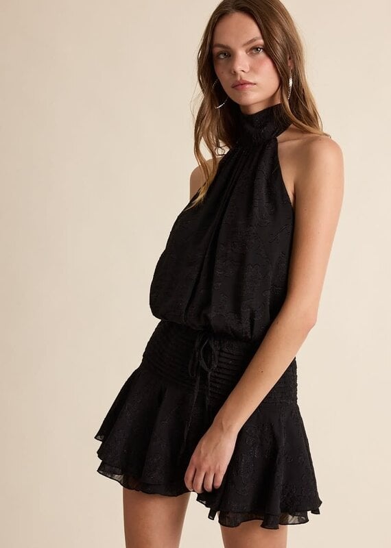 Floral Embossed Waist Tie Backless Mini Dress