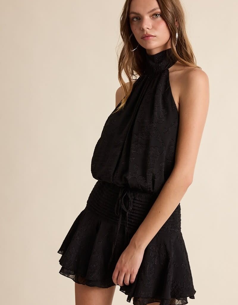 Floral Embossed Waist Tie Backless Mini Dress