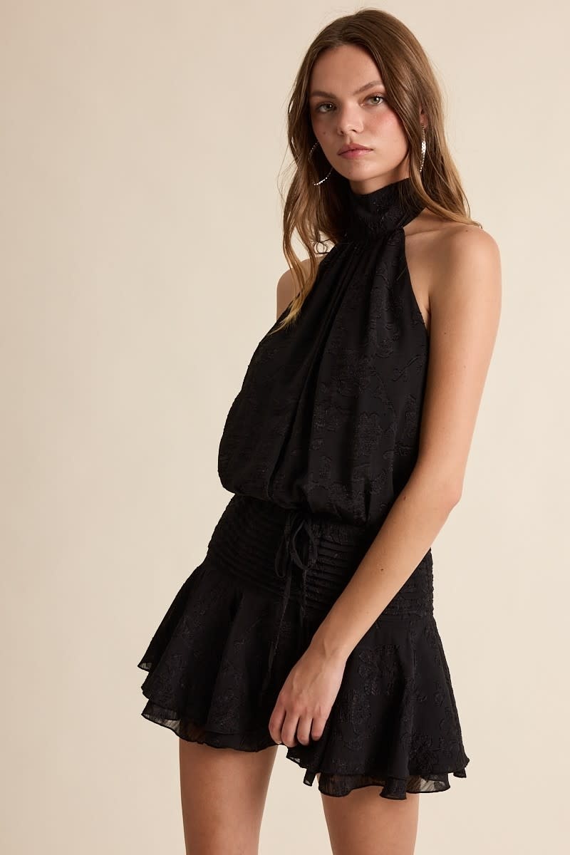 Floral Embossed Waist Tie Backless Mini Dress - SPLASH