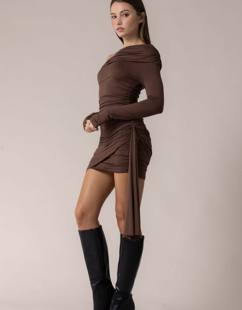 Knit Asymmetrical Shirred One Shoulder Mini Dress