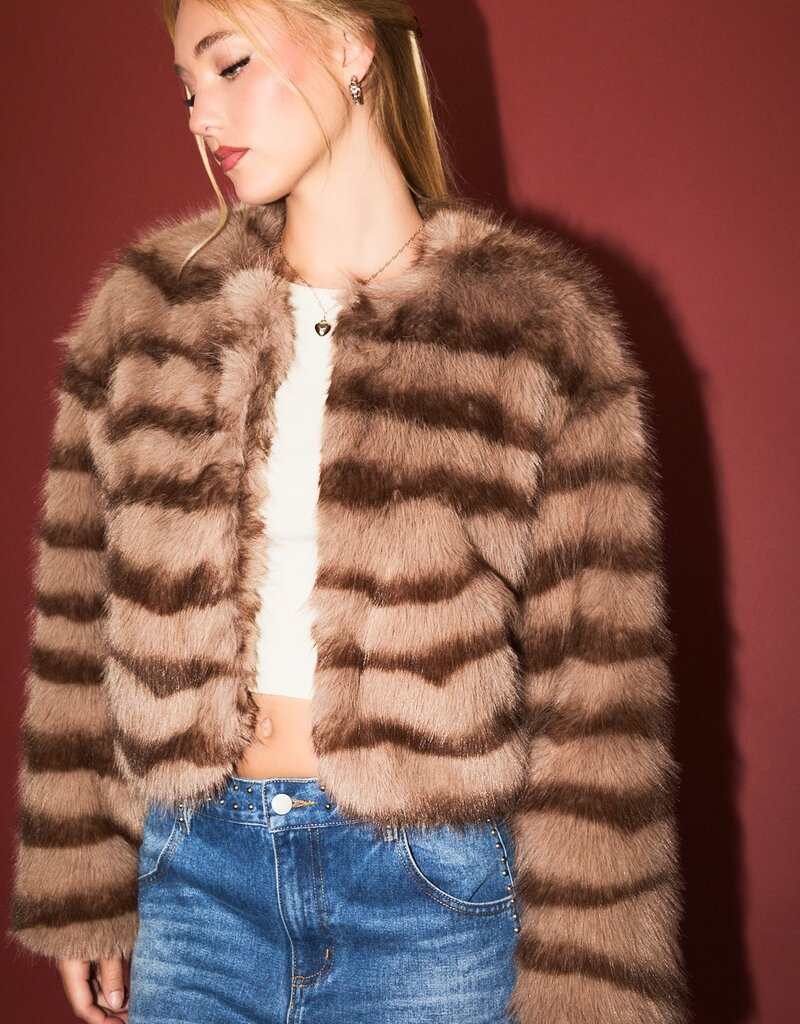 Striped Faux Fur Cropped Jacket