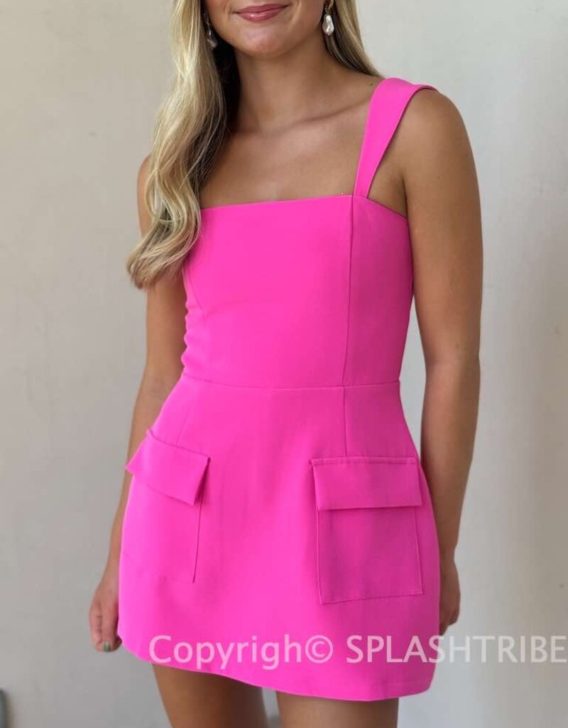Vibrant Solid Double Pocket Square Neck Mini Dress