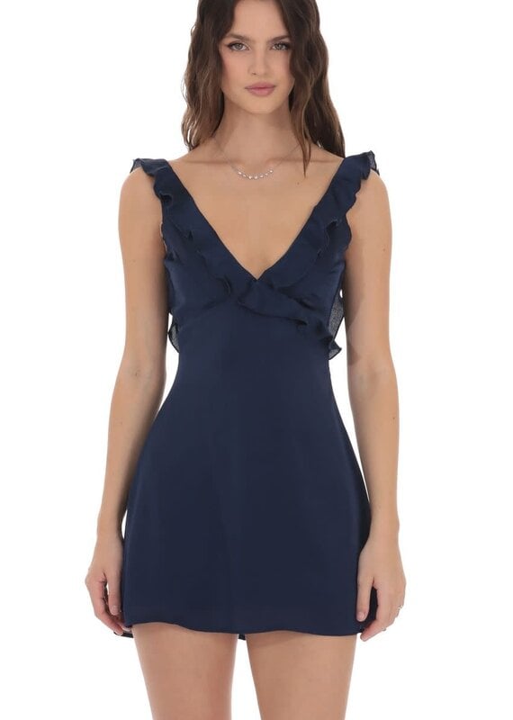Lucy In The Sky Satin Ruffle V Neck Mini Dress