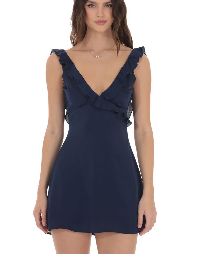 Lucy In The Sky Satin Ruffle V Neck Mini Dress