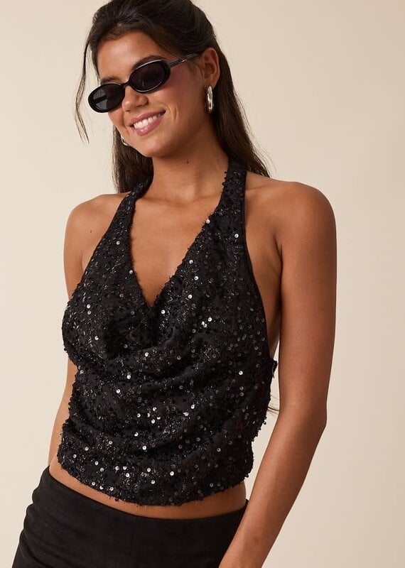 Sequin Halter Cowl Neck Backless Top