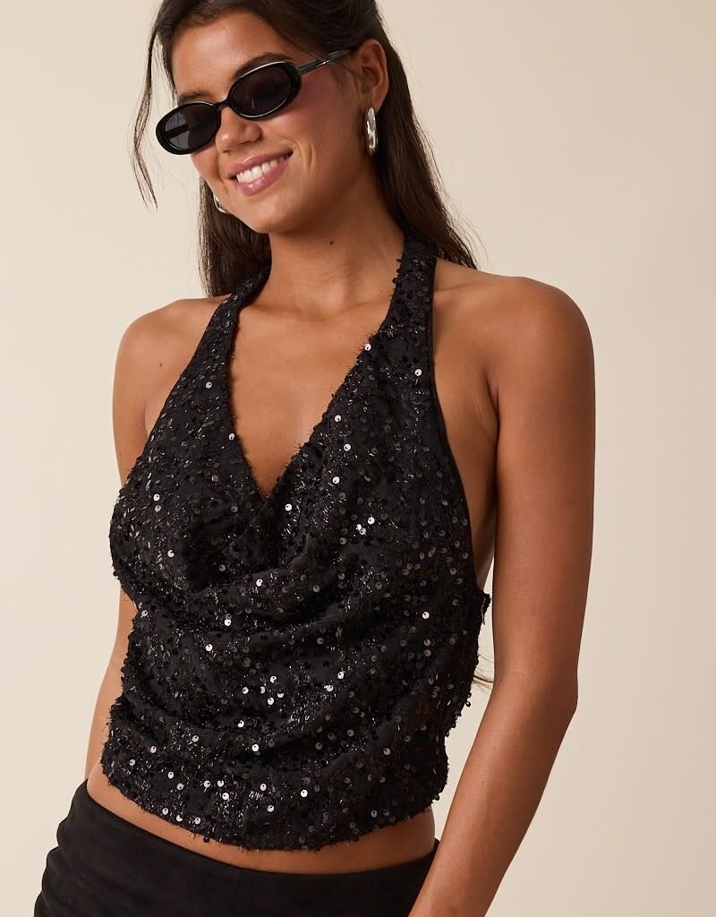 Sequin Halter Cowl Neck Backless Top