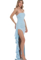 Lucy In The Sky Strapless Ruched Ruffle Maxi Dress