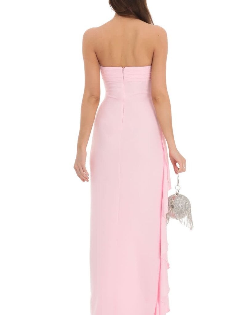 Lucy In The Sky Strapless Ruched Ruffle Maxi Dress