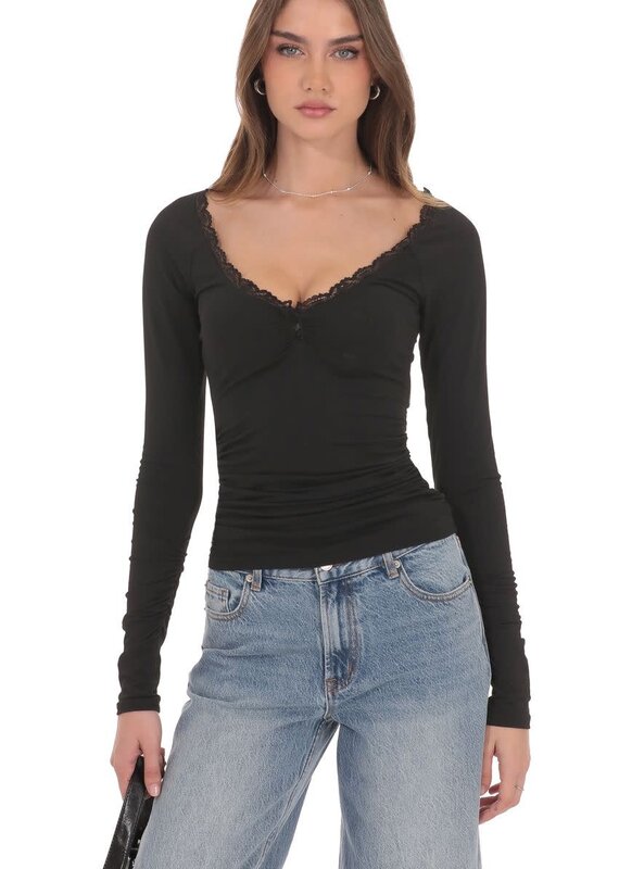 Lucy In The Sky Lace Trim Long Sleeve Top