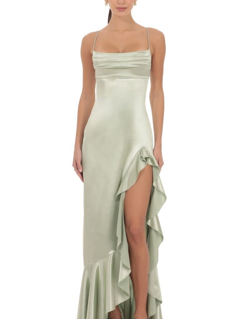 Lucy In The Sky Satin Ruffle Maxi Dress