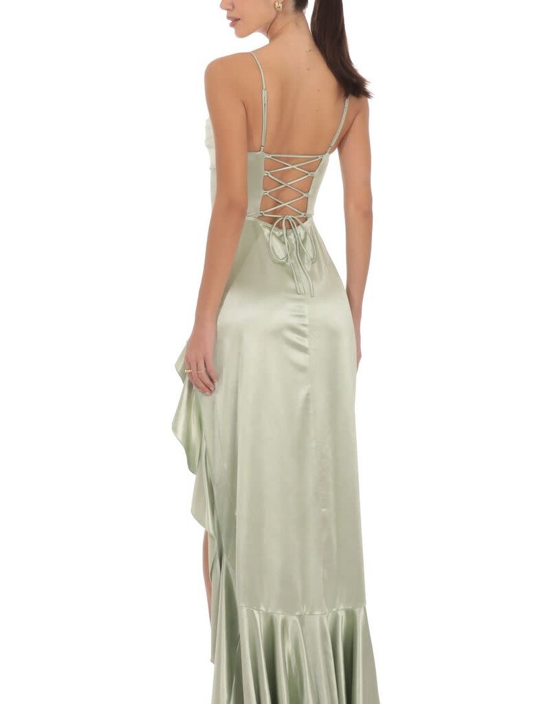 Lucy In The Sky Satin Ruffle Maxi Dress