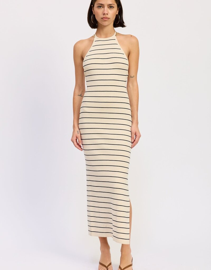 Open Back Midi Halter Striped Dress