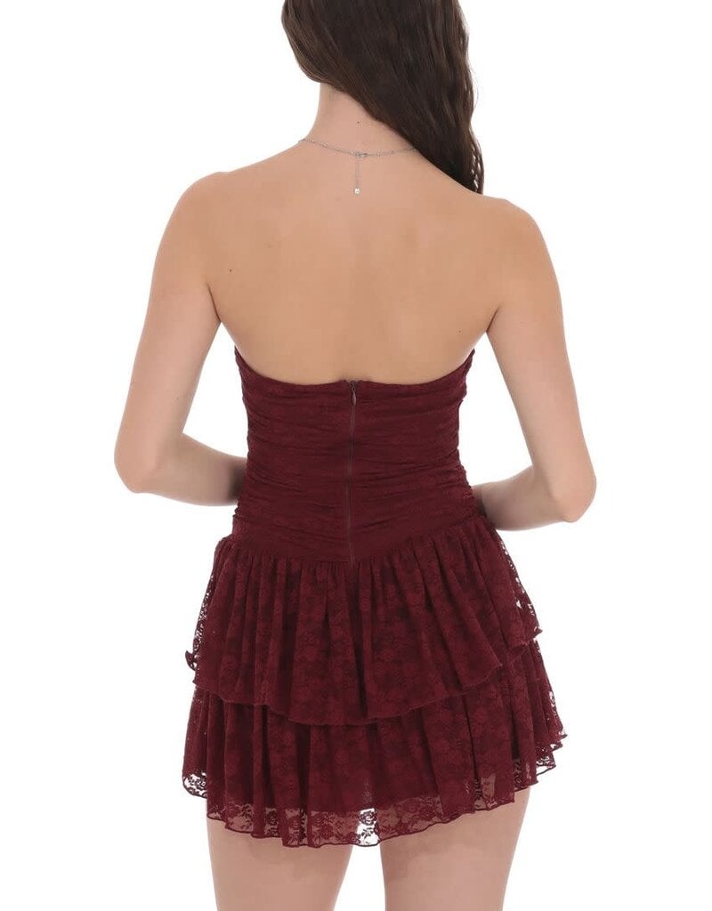 Lucy In The Sky Lace Strapless Ruched Ruffle Mini Dress