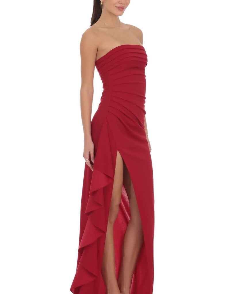 Lucy In The Sky Strapless Ruched Ruffle Maxi Dress