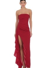 Lucy In The Sky Strapless Ruched Ruffle Maxi Dress
