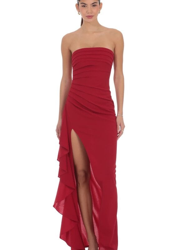 Lucy In The Sky Strapless Ruched Ruffle Maxi Dress