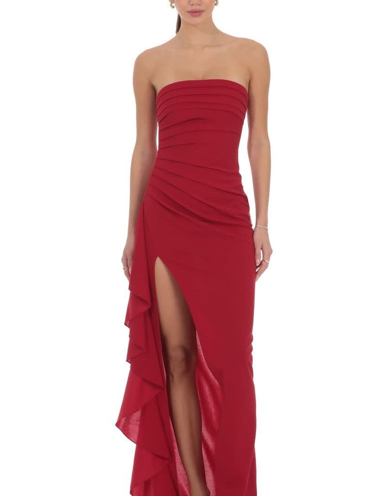 Lucy In The Sky Strapless Ruched Ruffle Maxi Dress
