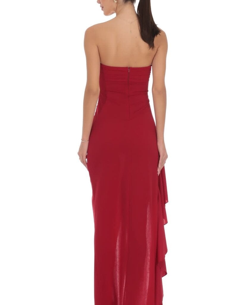 Lucy In The Sky Strapless Ruched Ruffle Maxi Dress